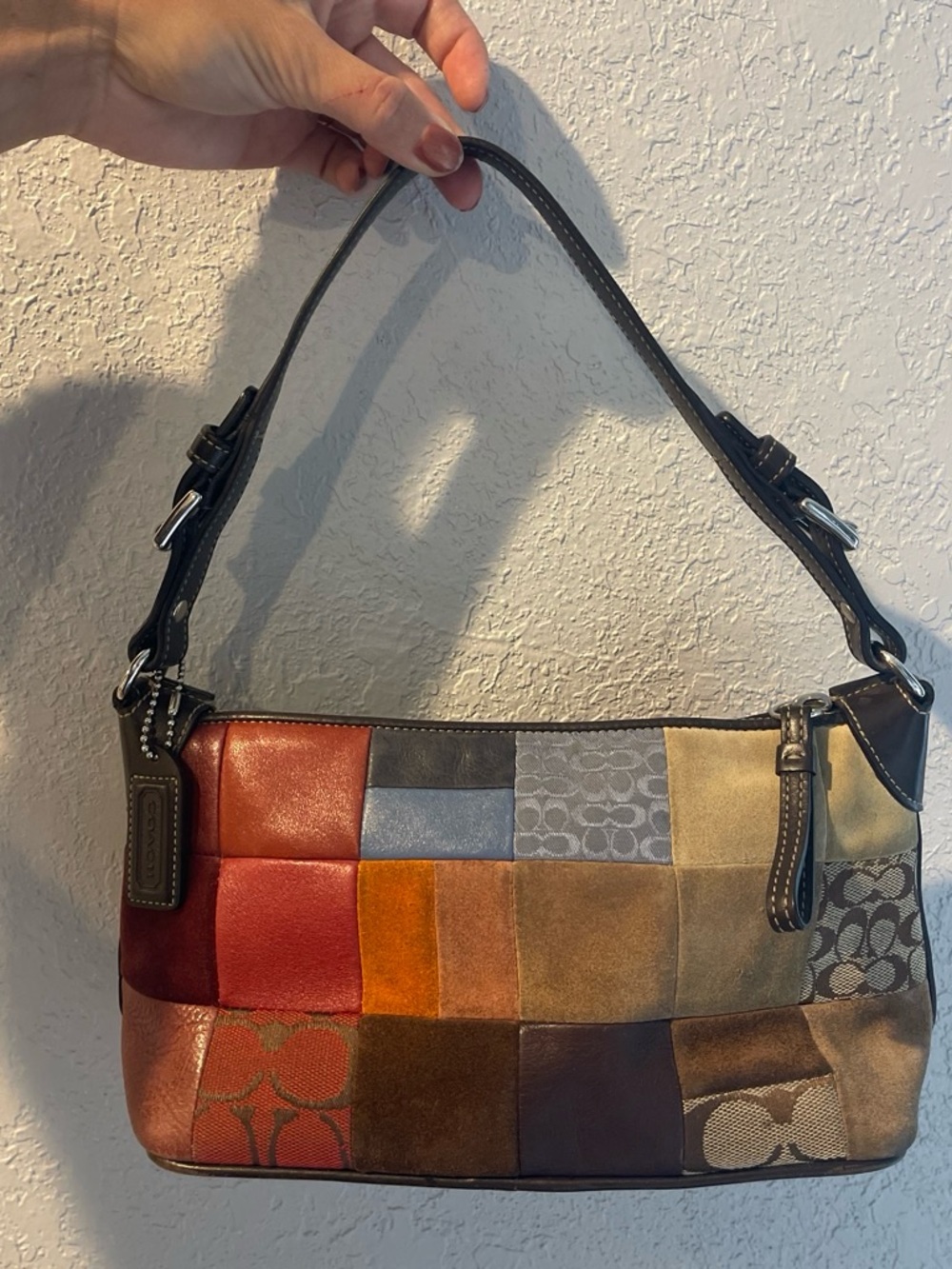 Coach Patchwork Shoulder Bag in Red, Orange, Brown, Tan, Gray, Cream